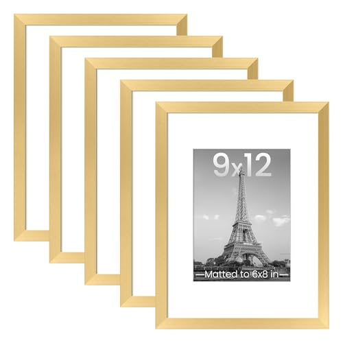 upsimples 9x12 Picture Frame Set of 5, Display Pictures 6x8 with Mat or 9 x 12 Without, Wall Gallery Photo Frames, Gold