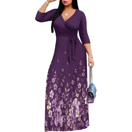 Image of Plus Size Maxi Dress for Women V Neck 3 /4 Sleeve Wrap Dress Plum XL | Plum Floral Women's Maxi Dress for Mother's Day Wedding Women's Day