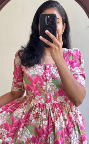 Image of Women's Cotton Blend Maxi Midi Dress Western Dress for Women Elegant Floral Printed Long Dresses