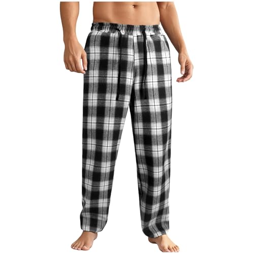 Plaid Lounge Pants for Men Male Homewear Pj Pajama Bottoms Loose Fitting Elastic Drawstring Waist Sleep Long Johns