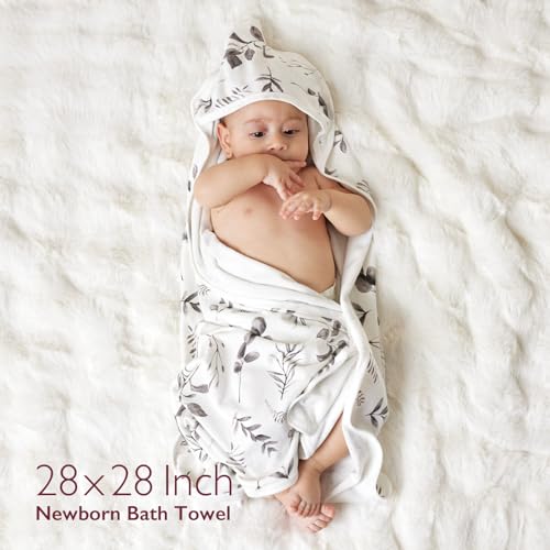Image of Momcozy Baby Hooded Towel-Made from Cotton, Suitable for Newborn Shower Gifts, 2 Count (Pack of 1), 28 X 28 Inch, Ink Wash Leaves