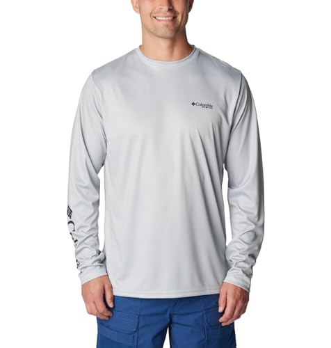 Columbia Men's Terminal Tackle PFG Fins and Stripes Long Sleeve, Cool Grey/Fins & Stripes, X-Large