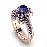 Jewelryonclick Bague plaquée Or Rose avec Saphir Bleu créé Fleur Minimaliste Ensemble d...