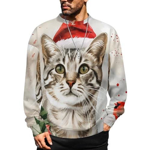 Mens Cat Christmas Crewneck Sweater Mens Crew Neck Sweaters Long Sleeve Funny Men's Pullover