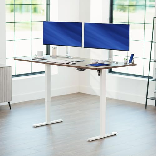 Image of VIVO Rustic Vintage Brown 71 x 36 in Standing Desk, DESK-KIT-1W7N-36 | Electric, Holds 220 lbs, Sit Stand, Height Adjustable, Extra Deep Table Top, Memory Presets, 1B Series, White Frame