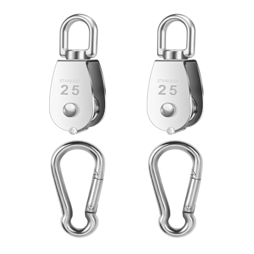 2 PCS 304 Stainless Steel M25 Silver Single Pulley Block Wire Rope Hanging Wire Towing Wheel, Lifting Crane Pulley, with 2 PCS Spring Snap Hook