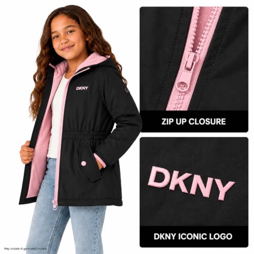 Image of DKNY Girls Midweight Jacket, Anorak Windbreaker, Polar Fleece Lined, Hooded