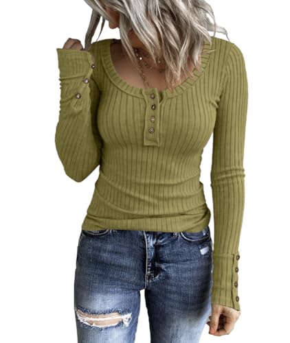 KINLONSAIR Women’s Long Sleeve Henley T Shirts Button Down Slim
