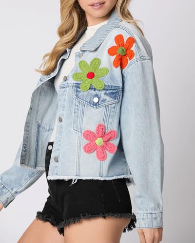 Women Y2K Long Sleeve Button Down 3D Flower Patchwork Crop Raw Hem Denim Jacket Washed Distressed Jean Jacket2