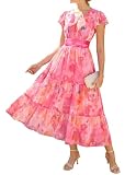 GRACE KARIN Vestido de verano para mujer con mangas con volantes, cuello en V, línea A, con bolsillos, Flores rosadas y naranjas, XL
