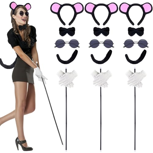 Halloween Mouse Costume Accessories Set Mouse Headbands Ears Bow Tie Tail Round Sunglasses Blind Cane White Gloves (Black)