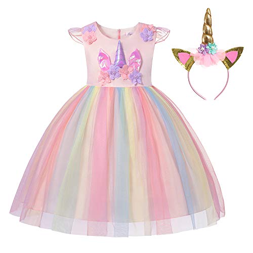 Muababy Baby Girl Unicorn Costume Pageant Flower Princess Party Tutu Dress with Headband (5-6 Years, 1423C Shrimp Pink)