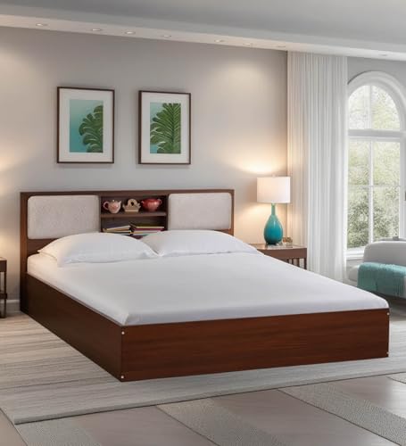 Image of Mintwud Pepperfry Yokohama Queen Size Bed in Planked Walnut Finish with Box Storage & Upholstered Headboard Storage | Stylish & Functional Wooden Bed with Ample Storage Space