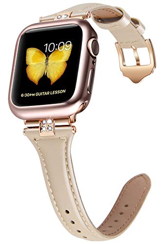 JSGJMY Slim Leather Bands Compatible with Apple Watch 38mm 40mm 42mm 44mm Women Top Grain Leather Strap with Diamond Rhinestone for iWatch SE/Series 6/5/4/3/2/1 (Light Tan/Rose Gold, 38mm/40mm)