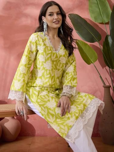 Image of Women's Floral Printed Cotton Afgani Kurta with Lace Detail Full Sleeves