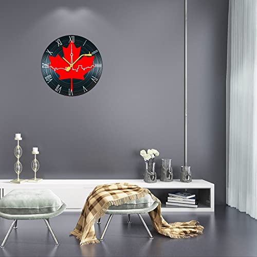 Maple Leaf Skyline Wooden Wall Clock Record Round Non Ticking Quartz Silent Clocks Custom Print Decorative #TOP2