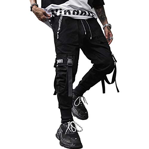Rljt Jin Men's Elastic Waist Harem Pants Jogger Drawstring Motor Biker Punk Trousers Hip Hop Pockets Sweatpants (X-Large, Black 1) #TOP1