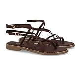 shoes&blues.es 103162 Sandalia Plana de Mujer con Diseno de Tiras Finas, Diseno Elegante y Actual, Cierre Ajustable de Hebilla. Plantilla Comoda Acolchada y Ligera. Ideal Verano. Marron Talla 41