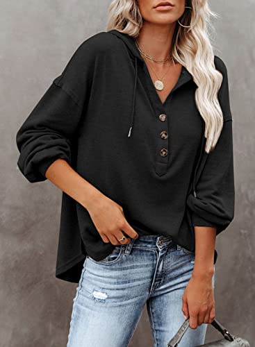 Dokotoo 2022 Casual Womens Hoodies Fashion Button Down V Neck Lantern Long Sleeve Sweatshirts Tops With Adjustable Drawstring Solid Comfy Winter Hooded Pullovers Black M #TOP2