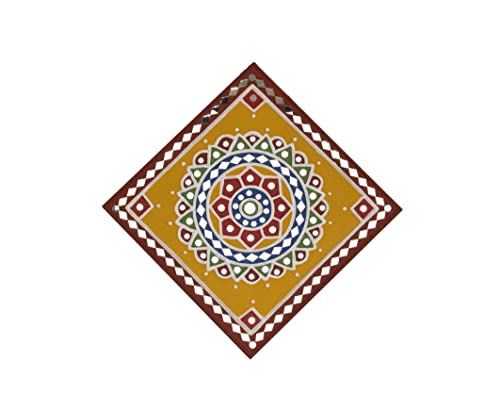 Image of Ethnics of Kutch Traditional Kutch Handicraft Mud-Mirrorwork Lippan Kam Wall Art (Water and Break Resistant) - Square (12 inch x 12 inch) - (Brown - LKT-0219)