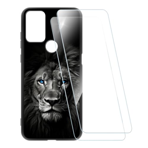 ESCAMOT Funda Estampada + 2 Protectores de Pantalla Vidrio Templado Compatible con TCL 20B, Carcasa Suave Antigolpes y Película HD (León 2)