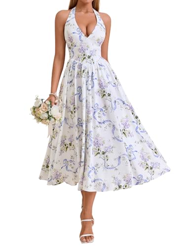 Parthea Women's Gingham Halter V Neck Midi Dress Corset Smocked