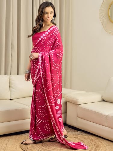 Image of AKHILAM Women's Bandhani Printed Chiffon Ready To Wear Saree With Unstitched Blouse Piece