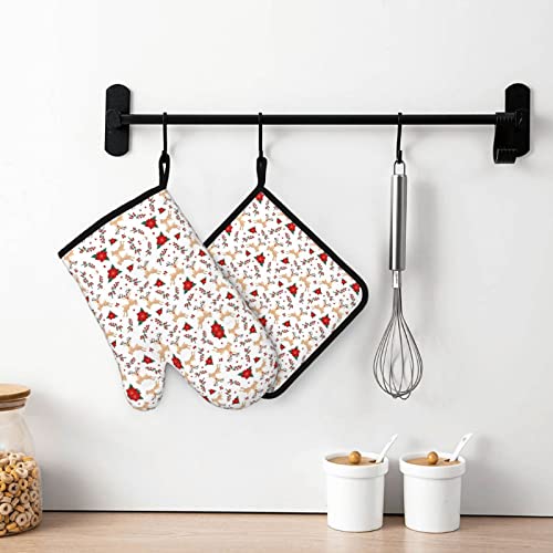 Christmas Bell Oven Mitts And Pot Holder Sets Funny Christmas Tree Oven Mitts Sets Seamless Deer Heat Resistant Oven Glove,Protect Bbq, Cooking, Baking,Grilling Heat Proof Mitts #TOP1