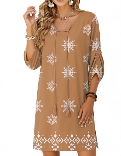 Image of Zeagoo Womens Boho Dresses Casual Beach Summer Dress Tassel Tie Neck 3 /4 Long Sleeve Mini Sundress 2026 Floral Print Cover Up