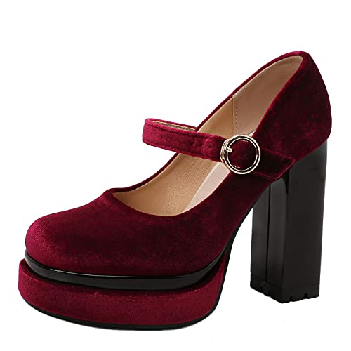 LYYSKY Womens Fashion 11.5CM Chunky High Heels Square Toe Ankle Strap Platform Mary Jane Shoes Summer Evening Dress Casual Party Pumps