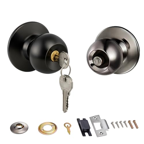 Image of Black Door Knob with Lock & Key, Heavy Duty Interior /Exterior Door knobs, Modern Round Ball Design, Easy to Install, Ideal for Bedroom, Bathroom, Pantry Door
