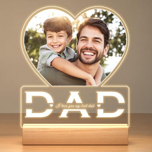 Image of SNAPTRAP Personalized Fathers Day LED Acrylic Photo Lamp with Customized Text | Heart Shape Dad Photo Frame Night Light Gift for Father Daddy Papa from Son Daughter Wife Family