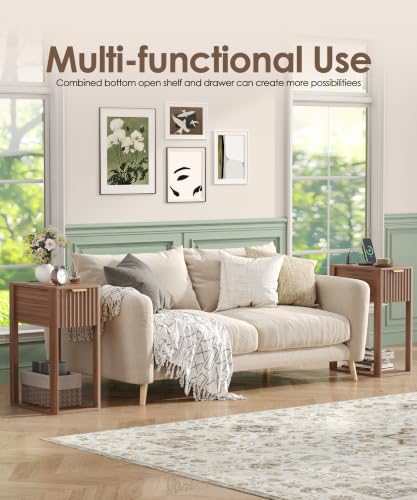Image of Akxomel Narrow Nightstand Set 2 with Charging Station Fluted Table Walnut