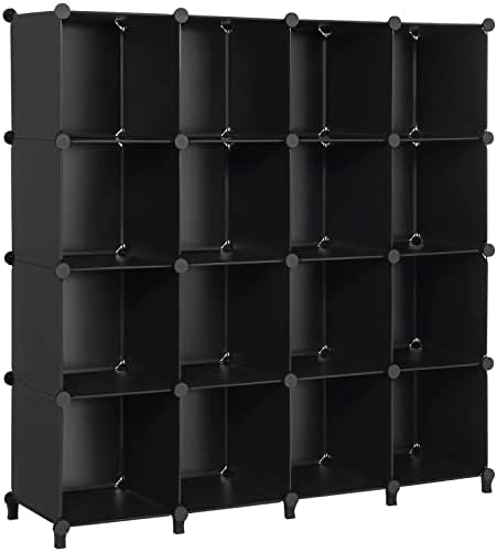 ANWBROAD Cube Storage Organizer, 16-Cube Cubby Shelving Book Shelf Living Room, Closet Clothes Organizers, Kids Toys Craft Yarn Storage with Rubber Hammer for Bedroom Office Black ULCS016B