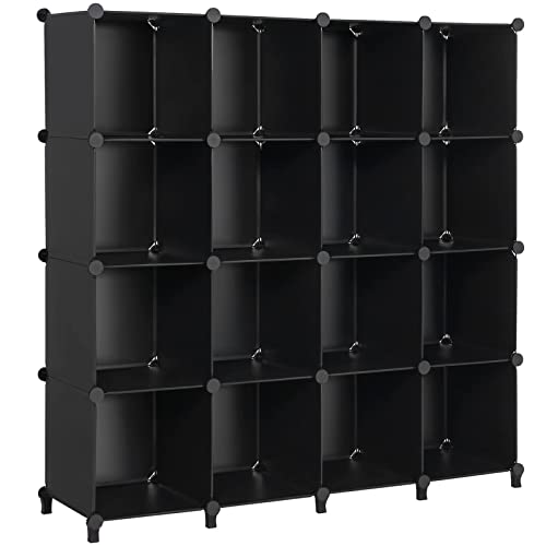 Anwbroad Cube Storage Organizer, 16-Cube Cubby Shelving Book Shelf Living Room, Closet Clothes Organizers, Kids Toys Craft Yarn Storage With Rubber Hammer For Bedroom Office Black Ulcs016B #TOP18