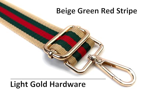 Image of Beige Green Red Stripe Purse Strap with Light Gold Hardware 1-1 /2 Inch Wide Replacement Crossbody Guitar Style Shoulder Strap for Handbags Totes
