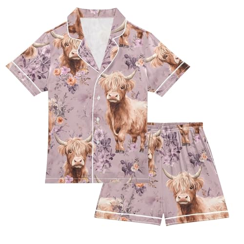 ALAZA Cute Highland Cow Flower Satin Pajamas Set Short Sleeve Button Down Sleepwear Summer Pjs 2 Piece