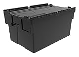 Solent Plastics Heavy Duty 100% Recycled Plastic 56 Litre Attached Lidded Container Storage Box Totes L 60 x W 40 x H 31cm Black - Pack of 5