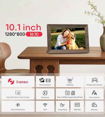 Image of Frameo 10.1 inch Digital Picture Frame with 32GB Memory Wood WiFi Electronic Photo Frame 1280 x 800 IPS Touch Screen Auto-Rotate Slideshow Wall Mountable Share Photos /Video Remotely Anywhere