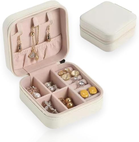Nécessaire Mini Porta Joias Portátil com Zíper, Estojo para Bijuterias (Bege)