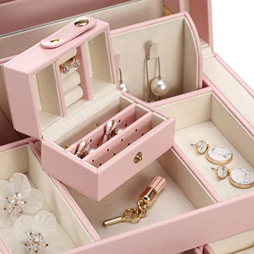 Vlando Lockable Jewelry Box Organizers With Key, Small Travel Earrings And Rings Jewelry Box On Top Included, Vintage Gift Case Packing For Ladies Women, Pink #TOP7