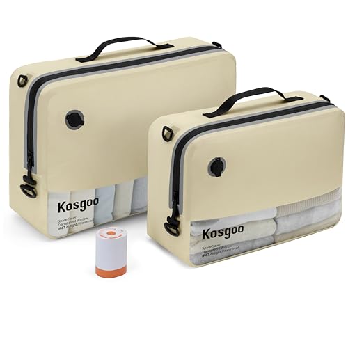 Travel Vacuum Bags with Pump, Reusable Vacuum Compression Bags for Travel, IP67 Waterproof Odor & Tear-Proof Nylon, Pack Vacuum Kit for Luggage Suitcase, TSA-Ready Travel Essentials (2 Pack, Beige)