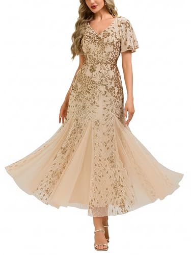 Ever-Pretty Women's Elegant Sequin Formal Evening Dress Mermaid V-Neck Short Sleeves Mother of Bride...