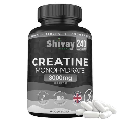 Creatine Monohydrate 240 Vegan Capsules 3000mg per Serving | High Strength Pure Micronised Creatine | Muscle Strength Power & Endurance - Made in UK by Shivay Herbals