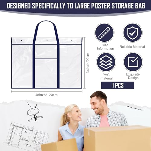 Image of Windyun 1 Pack Large Poster Storage Bag 48 inch x 36 inch Bulletin Board Holder Art Portfolio Case PVC Art Portfolio Container Storage Box with Pocket for Classroom Teacher Organization (Blue)