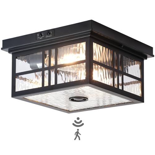 CALOKES Industrial Motion Sensor Outdoor Flush Mount Ceiling Light, Water Ripple Glass Square Black...