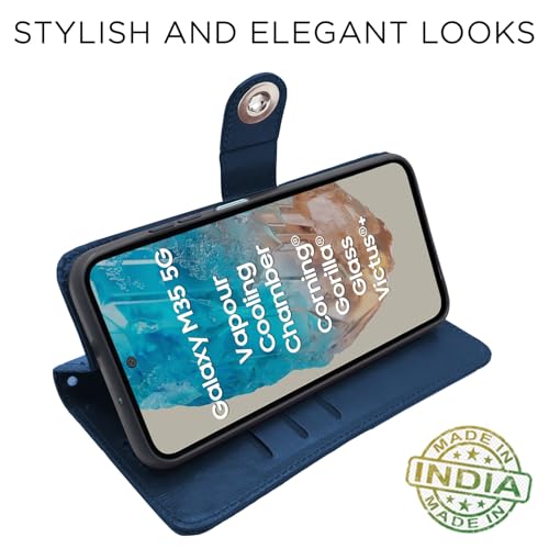 Image of Pikkme Flip Cover Leather Finish | Inside TPU with Card Pockets | Wallet Stand and Shock Proof | Complete Protection Button Flip Case for Samsung Galaxy M35 5G (Blue)