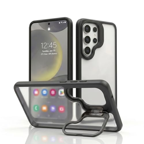 Image of amazon basics Frosted Matte Case for Samsung Galaxy S25 Ultra 5G | Built-in Flip-Out Camera Lens Stand | Translucent Back with Contrast Black Bumper | Shockproof Protective Cover
