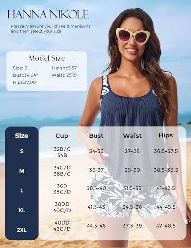 Hanna Nikole Tankini Badeanzug Für Frauen Sportliche Badeanzüge Modest Tank Top Mit Shorts Schwimmanzug Marineblaue und weiße Blumen L