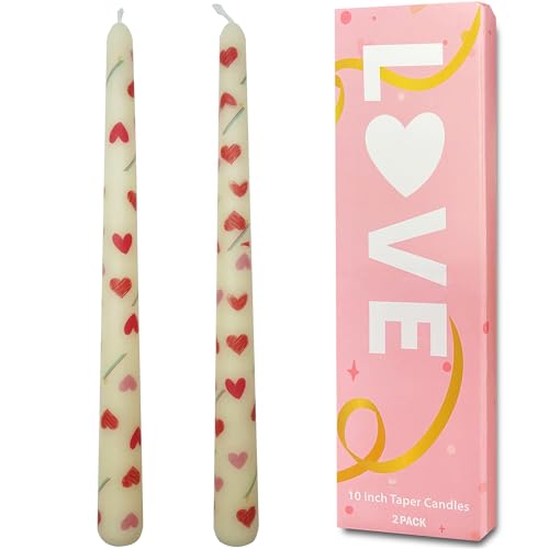 Topsics Ivory Taper Candles, 10 Inch Taper Candle Set of 2, Heart Patterns Printed Candlesticks, Unscented Candles for Dinner Anniversary Mother’s Day